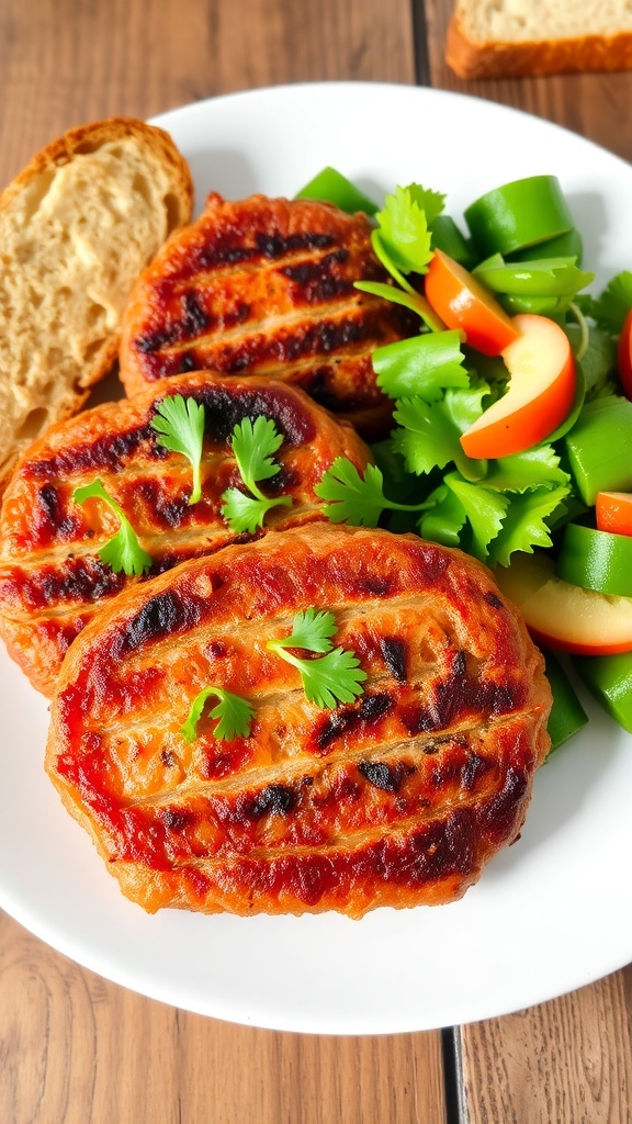 Juicy beef patties served on a plate with parsley and salad on a rustic table.
